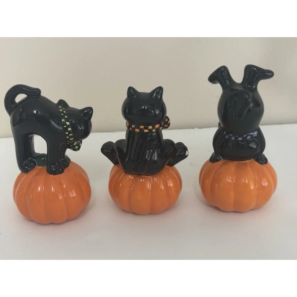 Trio of Ceramic Halloween Cat On Pumpkin Figurines Vintage Inspired Spooky